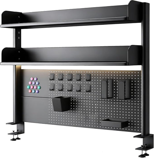 CHSSIH Clamp On Desk Pegboard Shelf - Metal Desktop Organizer Hutch with 2 Shelves for Storage and Display, Desk Add-On Shelf for Office, Dorm, or Computer Monitor Stand, Black, 23.6In