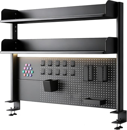 CHSSIH Clamp On Desk Pegboard Shelf - Metal Desktop Organizer Hutch with 2 Shelves for Storage and Display, Desk Add-On Shelf for Office, Dorm, or Computer Monitor Stand, Black, 39.3In