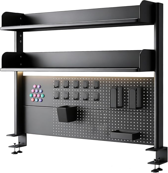 CHSSIH Clamp On Desk Pegboard Shelf - Metal Desktop Organizer Hutch with 2 Shelves for Storage and Display, Desk Add-On Shelf for Office, Dorm, or Computer Monitor Stand, Black, 31.4In