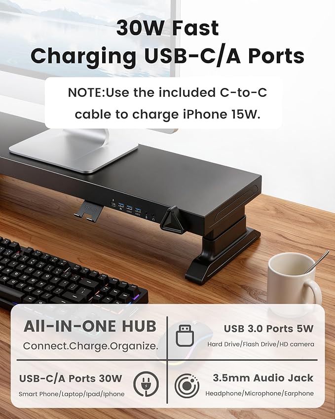 Height Adjustable Monitor Riser with 6-Port Hub – 37.6" Extra Wide Desk Stand for Dual Monitors, Continuous Height Adjustment 4.33–6.69" via Knob, USB-C Fast Charging, Carbon Steel Black