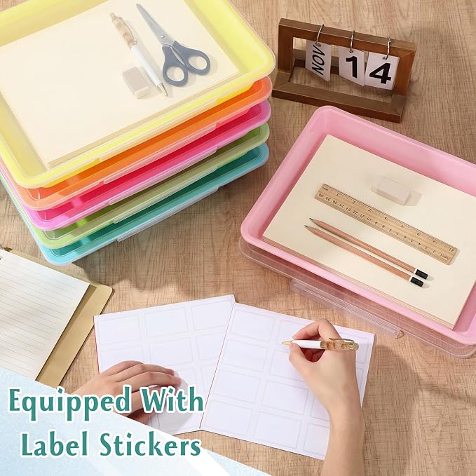 Tinlade 12 Pcs Classroom Paper Storage Bins with Clear Latching Lid, Label Stackable Letter Size Flat Tray Container for Teacher Back to School Supplies Home Office Desk Arts Crafts (Macaron,13x10in)