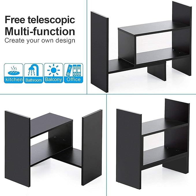 Sorfity Desktop Bookshelf Desk Storage Organizer Adjustable Wood Desktop Display Shelf Rack Counter Office Storage Rack Top Bookcase - Free Style Display Natural Stand Office Supplies Desk Organizer