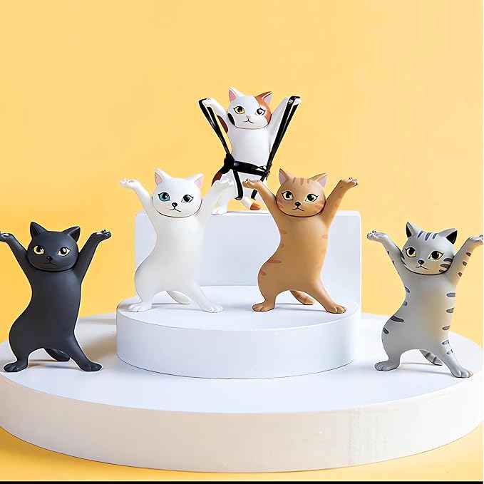 ATHAND 5 Pcs Cat Pen Holder Airpod Holder Stand,Anime Raising Hands Dancing Cat Model Desk Decor Funny Office Desk Decor for Women Girls