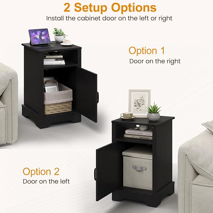RoyalCraft 25" Tall Nightstand Set of 2, Farmhouse Nightstand with Charging Station, Large Wood End Table with Storage, Black Bedside Table for Bedroom