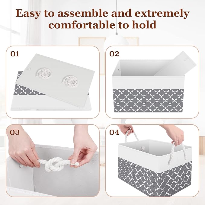 Fab totes Storage Bins 3-Pack, Foldable Storage Baskets for Organizing Toys, Books, Shelves, Closet, Large Storage Box with Rope Handles, Sturdy Organizer Bins,Clover Grey