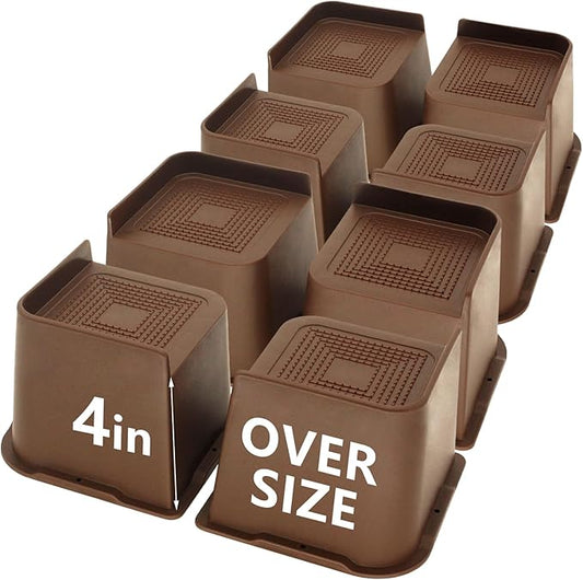 8 Pack Bed Risers 4 inch Heavy Duty Dark Brown, Oversized Furniture Risers, Bed Lifts Risers for Table, Sofa, Chair, Couch, Desk, Bed Frame Risers Supports Up to 6,500 Lbs