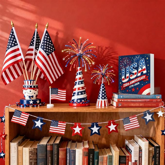 Patriotic Wooden Box Sign,USA Anniversary 4th Of July Signs Home Decor,Independence Memorial Day Block Sign for Desk Shelf Tabletop Decor