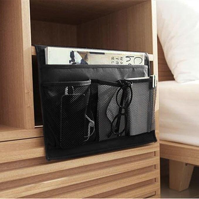 Bedside Storage Organizer with Pockets, Bedside Caddy, Table Cabinet Storage Organizer, TV Remote Control, Phones, Magazines, Tablets, Accessories, Black