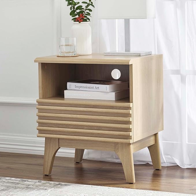 Modway Render Mid-Century Modern, One-Drawer Nightstand, Oak