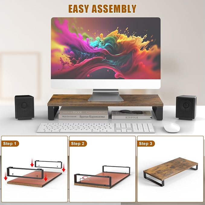XINYAO Wood Monitor Stand Riser for Desk, 24x12x3 inch, Rustic Brown | Sturdy wooden & steel computer monitor riser; ergonomic height reduces neck strain; Organizer for Office Laptop, PC, Printer