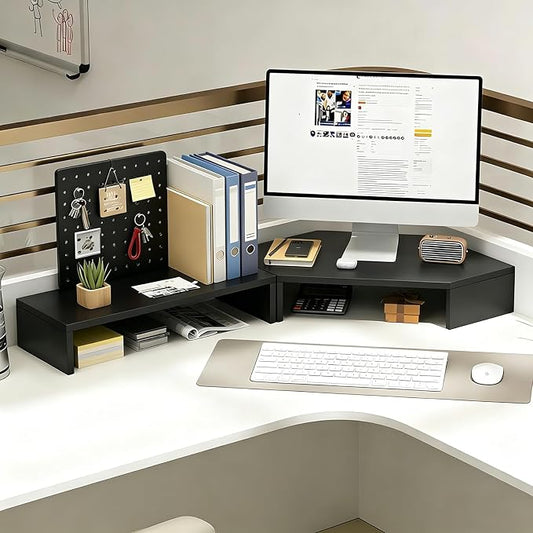 Corner Monitor Stand with Storage Space Triangle Riser Combo Desktop Corner Shelf with Cup Holder Pegboard Office Desk Accessories and Organizer for Office & Home,Black,Single Layer