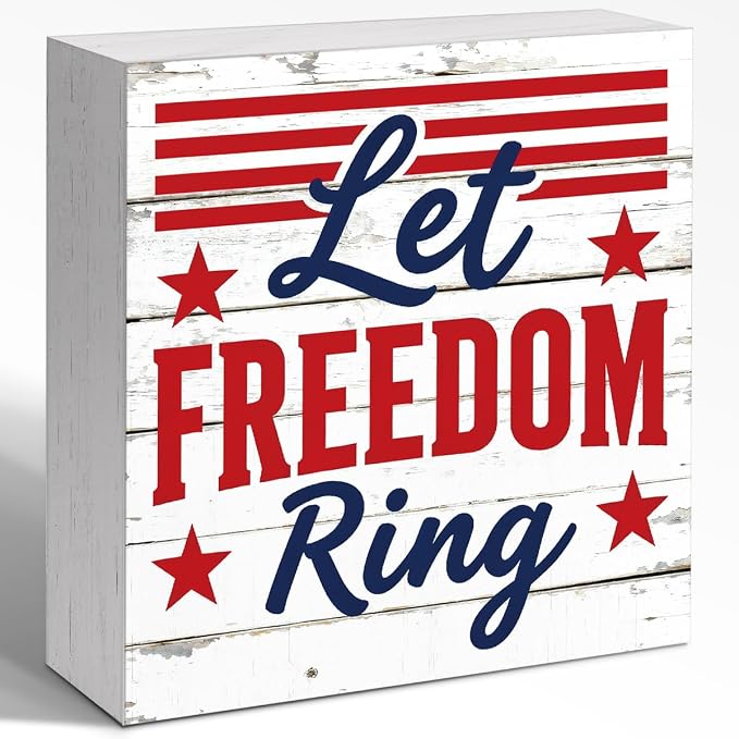 Patriotic Wooden Box Sign,Let Freedom Ring 4th Of July Signs Home Decor,Independence Memorial Day Block Sign for Desk Shelf Tabletop Decor