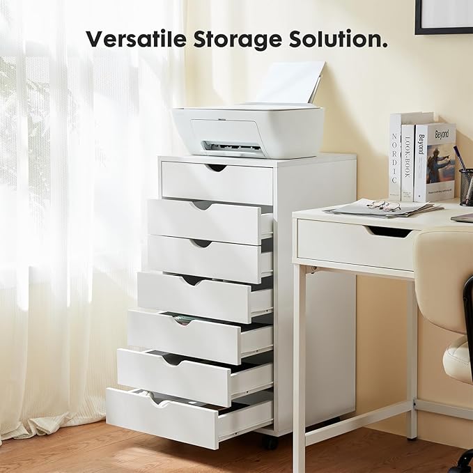 7 Drawer Chest, Storage Cabinet Dressers with Wheels, Dressers Storage Cabinets, Dresser Mobile Cabinet with Wheels, Room Organizer, Small Drawers Wood Organization Furniture for Office, Home, White