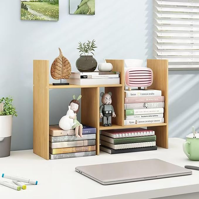 Desktop Shelf Organizer, Adjustable Wood Office Storage Rack, Counter Display Small Bookshelf for Home/Office/School(Light Walnut)