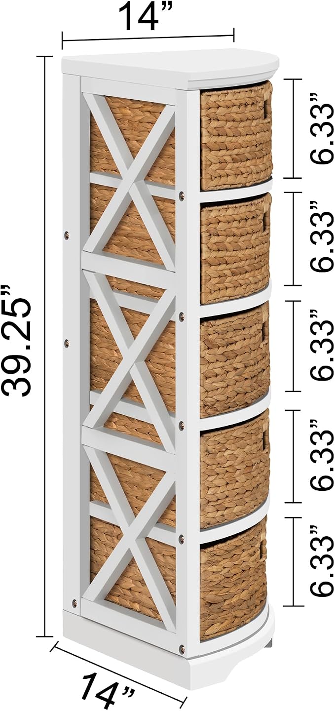 eHemco Hampton Meadows 5 Tier X-Side Corner Storage Cabinet with 5 Wicker Baskets, White