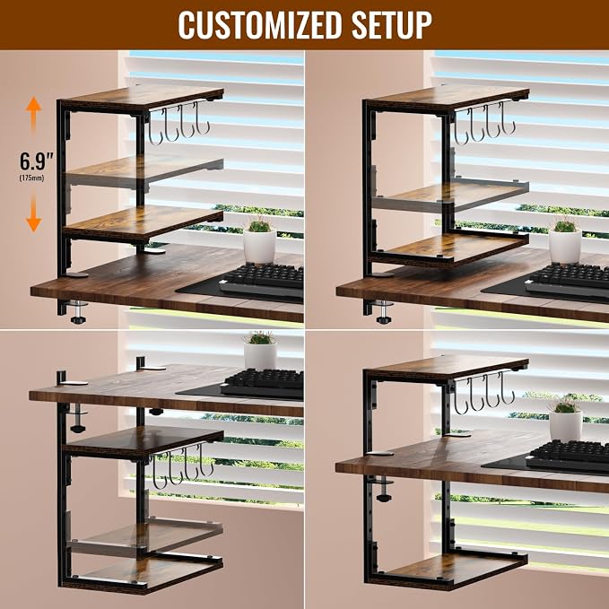 Clamp-On Desk Organizer Shelf, 13 inch Adjustable Height and Versatile Hook, Above or Below Desk 2-Tier Shelving, Shelving for Table Accessories, Gaming Devices, and More