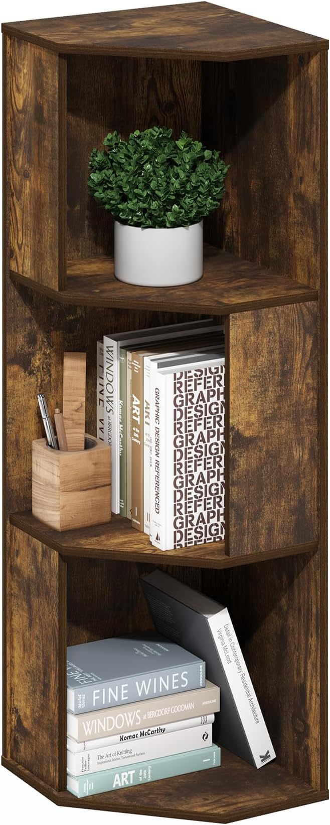 Furinno ECON Corner Shelf, 3-Tier Corner Book Shelf, Standing Storage Shelves, Cube Display Rack, Bookshelf, for Organization and Storage, Living Room, Home Office, Amber Pine