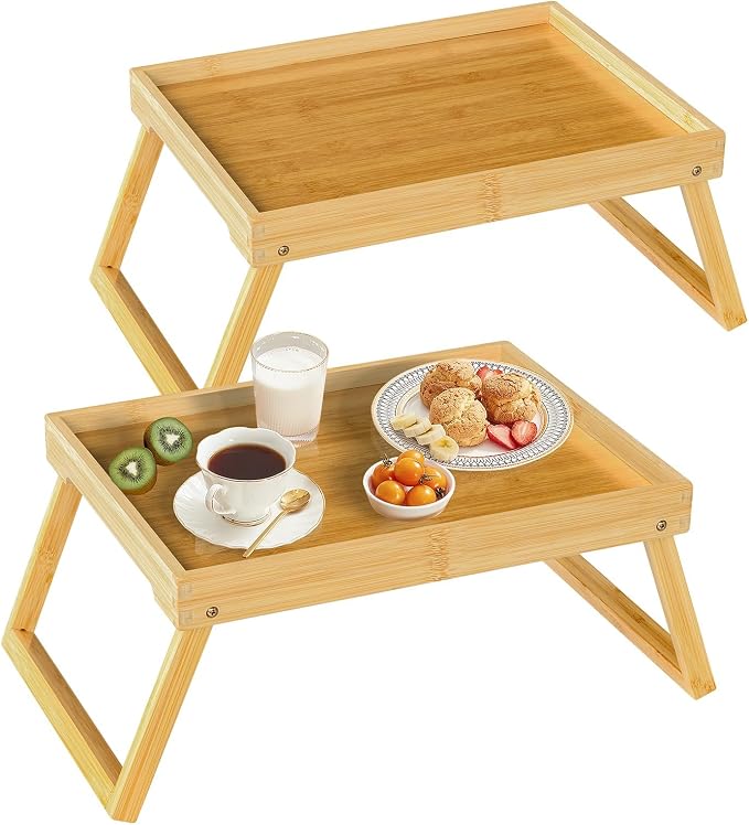 RRX Bamboo Bed Tray Table with Folding Legs, Breakfast Tray, 2 Pack (Beige) | Bed Trays for Folding Table Eating, Kitchen Serving, Food, Sofa, Snacking or Working, Laptop Desk Dinner, Snack Tray