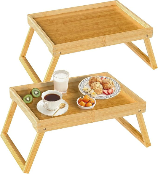 RRX Bamboo Bed Tray Table with Folding Legs, Breakfast Tray, 2 Pack (Beige) | Bed Trays for Folding Table Eating, Kitchen Serving, Food, Sofa, Snacking or Working, Laptop Desk Dinner, Snack Tray