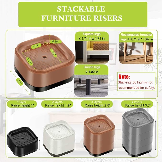 16 Pack Furniture Risers 1, 2 or 3 Inch, Adjustable Bed Risers Heavy Duty For Table Desk Couch Chair Sofa Cabinet Bed Legs Dorm, Square Stackable Bed Raisers Blocks Lift Height 1", 2" or 3", Brown