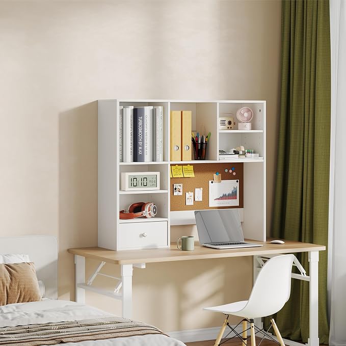 White Desk Hutch with Cork Board for Photos and Reminders, Dorm Desk Hutch with Drawers and Shelves, Desktop Bookshelf for College Dorm, Student Bedroom, Compact Study Spaces