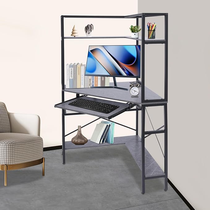 Corner Desk, Corner Computer Desk with Power Outlets, 29.5x29.5x60in Gaming Desk with LED Light Strip & Storage Shelves for Home Office and Small Space (Gray)