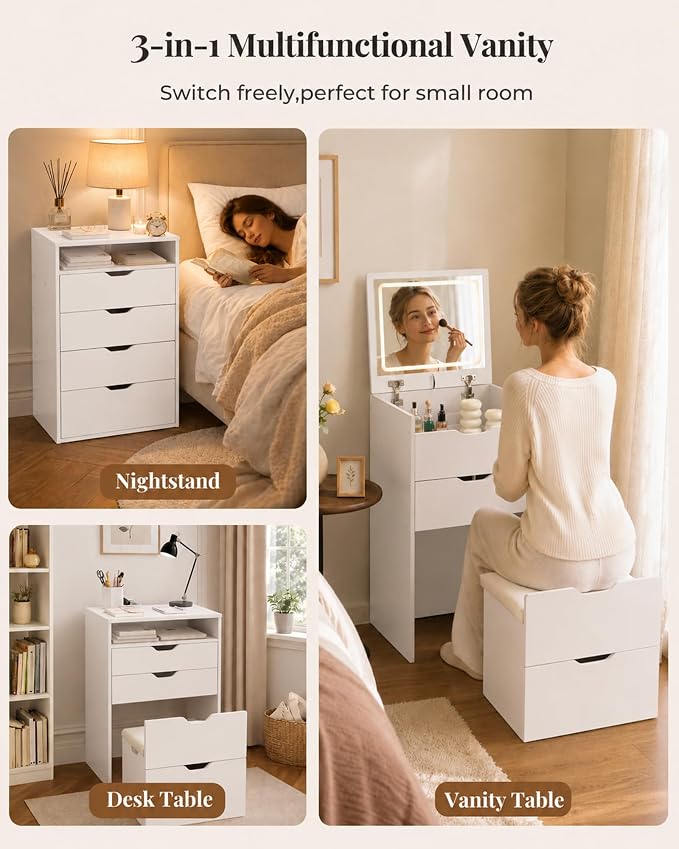 Small Vanity with Mirror and Lights for Small Space, 3-in-1 Compact Makeup Vanity Desk with Storage, Flip Top Vanity Table with Hidden Stool, 3 Color Mode, Drawers & Jewelry Organizer, Mini Vanity Set