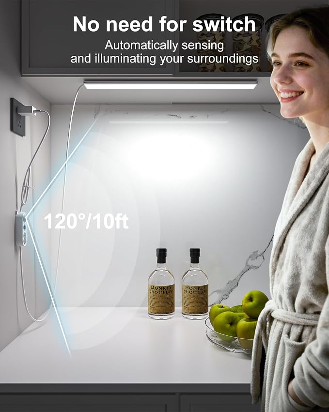 ASOKO Motion Sensor Dimmable Led Under Cabinet Lighting,16 inches Plug in Led Counter Light Bars, Cool White 6000K Light Bar for Kitchen/Closet/Wardrobe/Shelf/Desk/Display Case