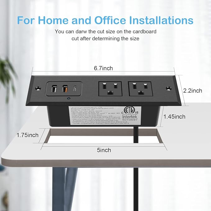 CCCEI Recessed Power Strip with 20W USB C Port, Fast Charging USB A Port Desk Outlet, Furniture Hidden Charging Station for Side Table, End Table, with 6FT 45 Degree Flat Plug Extension Cord, Black
