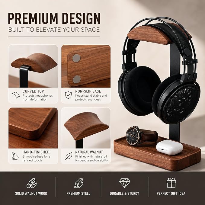 Walnut Headphone Stand - Solid Wood Universal Headset Holder, Premium Desktop Accessory for Gaming, Office & Streaming (Walnut Rectangular Base)
