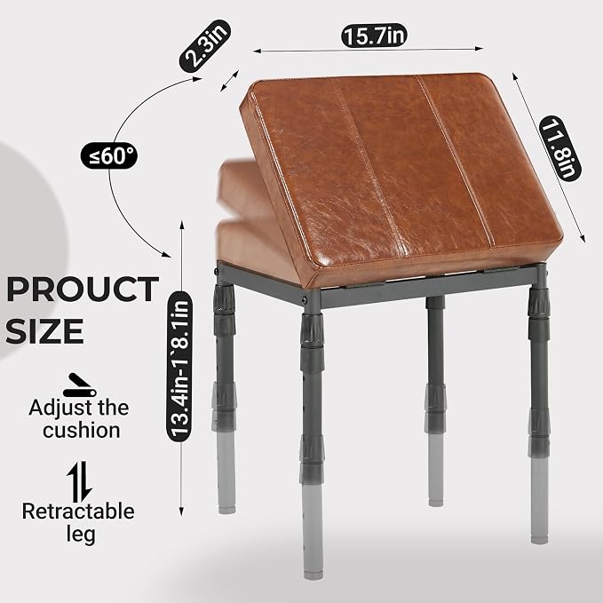 TIOPGHAD Adjustable Ottoman Pouf, 4 Height Position & 60 Degree Tilt Angle Synthetic Leather Ottomans Foot Stools Stool Pouffe FootStool Under Desk for Living Room Home Office(Brown Synthetic Leather)
