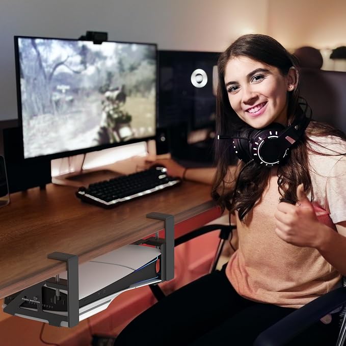 No-Drill PS5/Slim/Pro Under Desk Mount, Metal Under Desk PS 5 Mount for PS5 Slim Digital & Disc, PS 5 Holder Under Desk with Clamp, Screw and EVA Foam for PS 5/Slim/Pro Digital Console