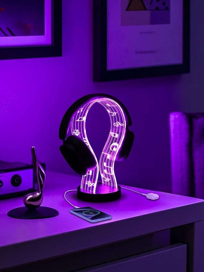 CoolGift Mart Light Up Headphone Stand with 16 Color Lights, Music Notes Pattern Acrylic Headset Stand with 1 USB and 1 Type-C Charging Ports, Gifts for Gamers Men and Music Lovers