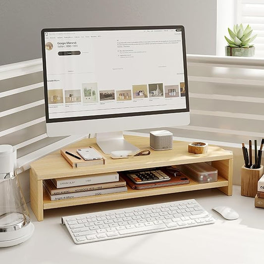 Wooden Corner Monitor Stand - Triangle Design for Space Saving, Desk Riser with Storage for Keyboard & Mouse, Ideal Office Organizer for Home & Workspaces