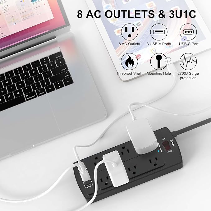 Surge Protector Power Strip, Yintar Flat Plug Extension Cord with 8 AC Outlets and 4 USB Ports, 6 Feet Power Cord, 2700 Joules, ETL Listed, Black