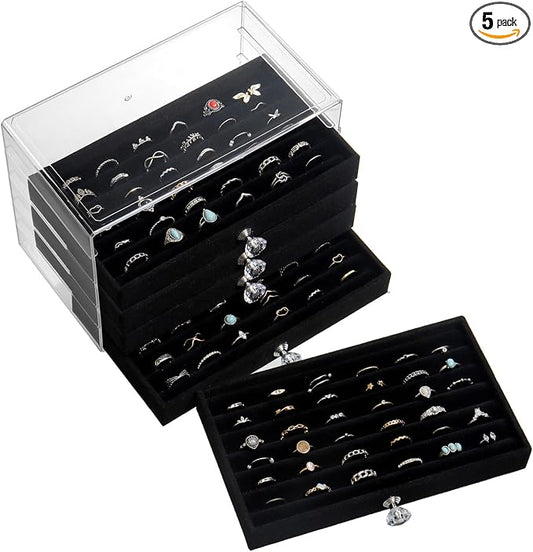 SPAKOWN Ring Box Display Holder, Clear Velvet Jewelry Storage Tray Organizer for Ring Stud Earring (Black, 5 Drawers)