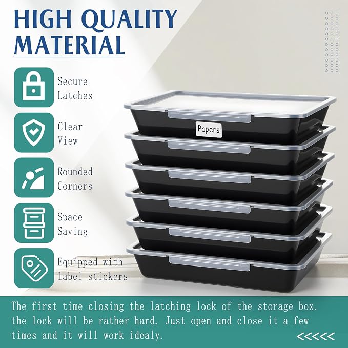 Tinlade 12 Pcs Classroom Paper Storage Bins with Clear Latching Lid, Label Stackable Letter Size Flat Tray Container for Teacher Back to School Supplies Home Office Desk Arts Crafts (Black,13x10in)