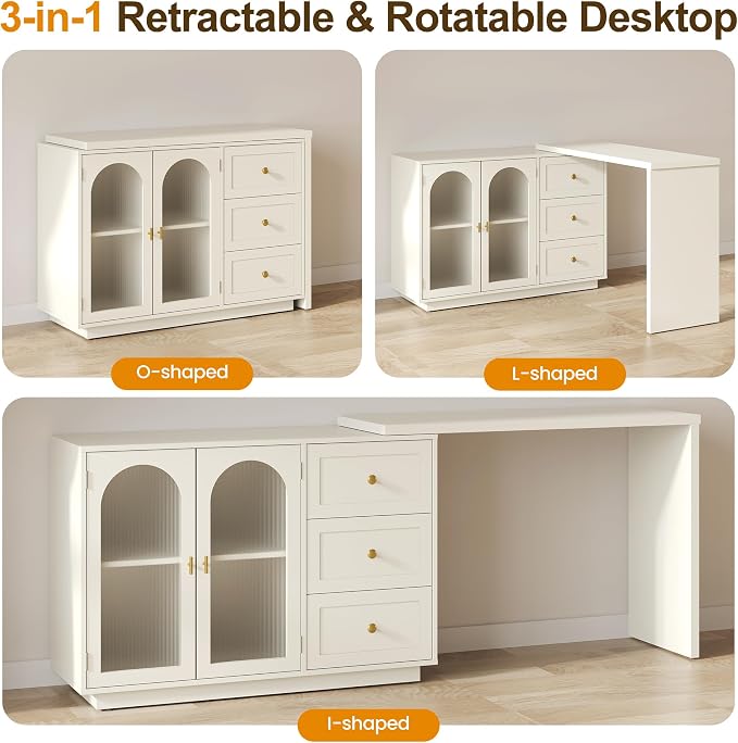 FansaFurn 83" Extendable Corner Vanity Desk, 3 in 1 Vanity with Rotatable Tabletop, Oversized White Makeup Table for Women Girls, 3 Drawer & 2 Door, Wood Dresser for Apartment, Bedroom, Home Office