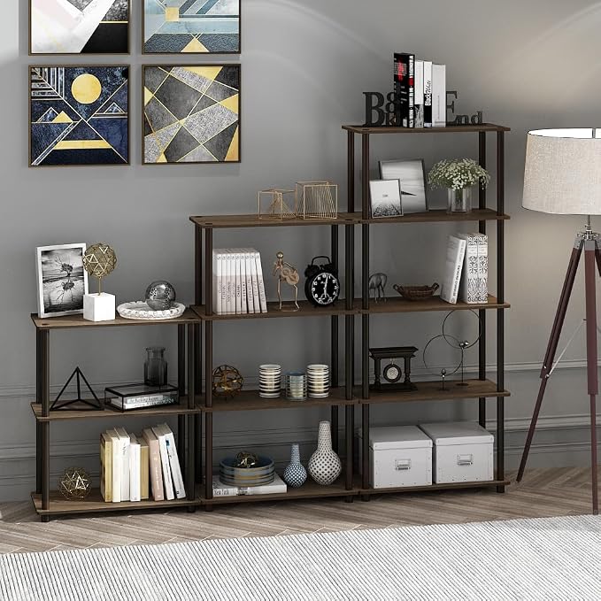 Furinno TURN-N-TUBE Storage Shelves, 4-Tier Toolless Book Shelf, Corner Shelf, Toolless Open Shelves, for Organization and Storage, Living Room, Garage, Home Office, Walnut