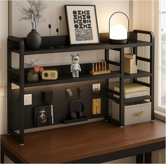 Desktop Bookshelf, pegboard Storage and Organization Rack, Dorm Desk Shelf, Desk Hutch, Desktop Storage for Office, Study, Student Display Rack,Desktop Shelves (Black 53.1" Lx9.9 Wx37 H)