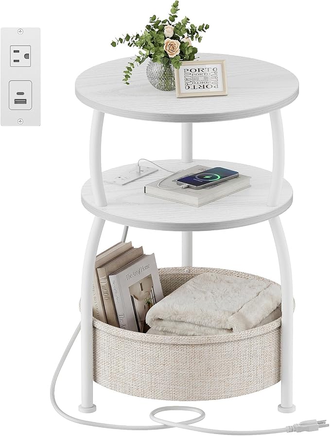 Round End Table with Charging Station, USB Ports, 15.75in Small Side Table with Storage Basket, Coffee Table Sofa Side Table for Small Spaces, Nightstand for Living Room Bedroom Matte White