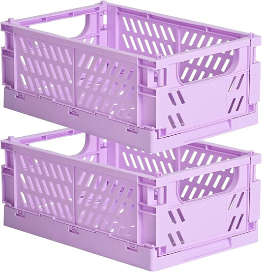 HUUSMOT 2-Pack Small Pastel Plastic Storage Baskets, Collapsible Crates for Organizing, Space-Saving Mini Bins for Classroom, Kitchen, Office, Bedroom (Purple, 9.8" x 6.5" x 3.8")