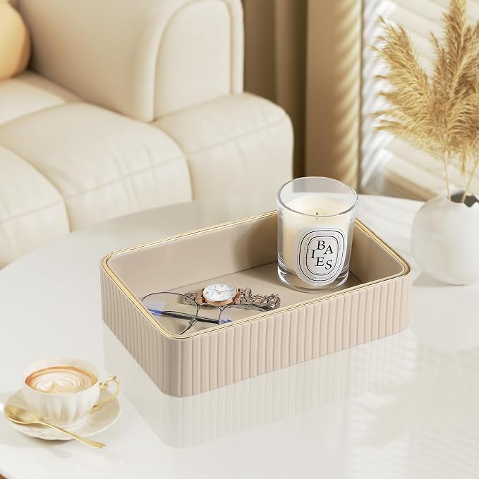 Desk Organizer Tray, PU Leather Nightstand Organizer Perfume Valet Tray for Men Women, Decorative Vanity Trays Trinket Dish Key Bowl for Entryway Table (Beige, Small)