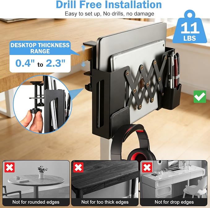 Desk Side Storage，Under Desk Clamp-on Vertical Laptop Holder,7-17 Inch Length Adjustable with Pen & Headphone Holder,No Drill Storage Shelf for Desk，Fits Table Edge 0.4" to 2.3"(Black)