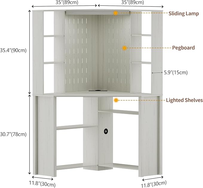 Corner Desk with Shelves-&LED Reading Light,Triangle Home Office Desk w/Charging Station for Work & Study,File Cabinet Storage Bookshelf for Small Space (White)