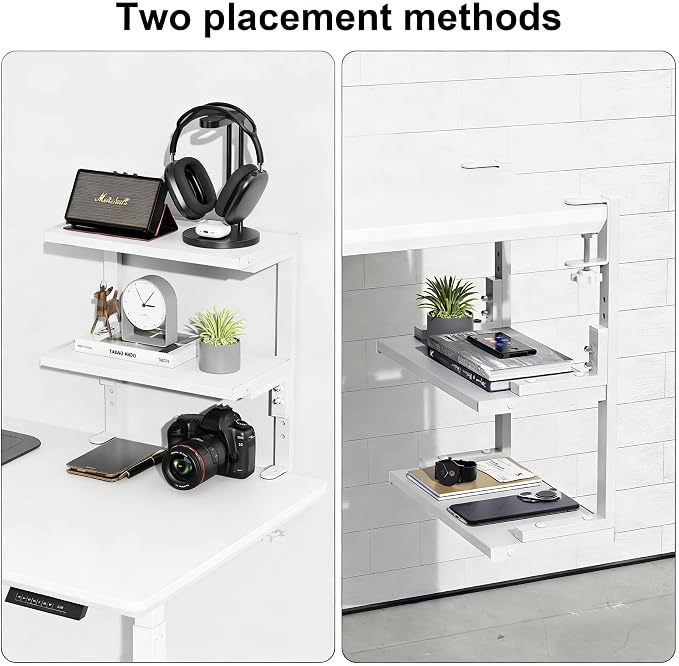 2-Tier Desk Shelf, Expandable Under Desk Storage, Clamp on Desk Shelf, Desktop Accessories for Offices, Study Rooms, and Game Rooms (White)