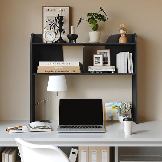 Wooden 3-Tier Desktop Bookshelf, 37" Rounded-Edge Desk Storage Organizer, Space-Saving Countertop Shelving Unit for Home, Office & Dorm, Black