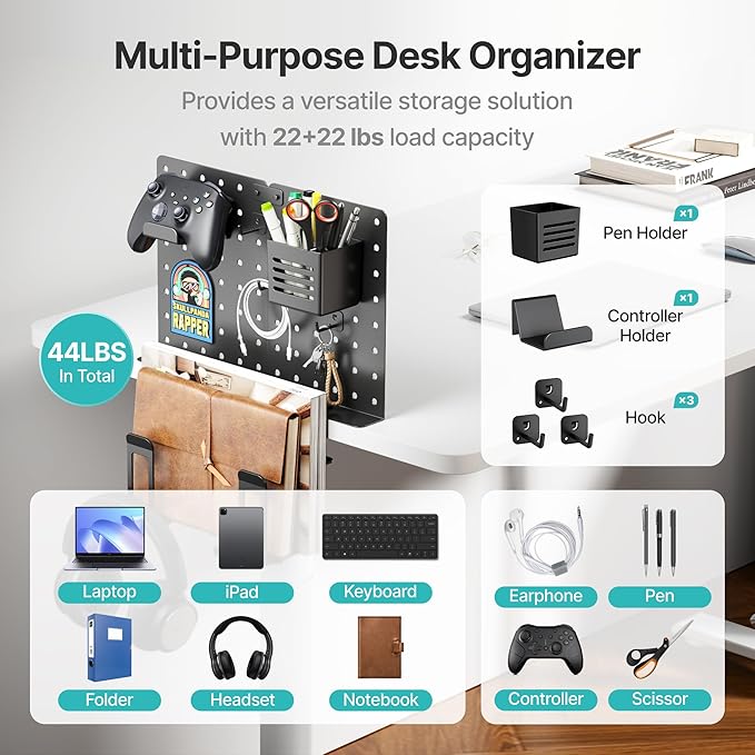 PEGZONE Clamp on Desk Pegboard Shelf, with 2-Slot Under Desk Laptop Holder | with Headphone Holder and Pegboard Accessories, Desk Side Storage for Office Gaming, Desk Organizer, Black