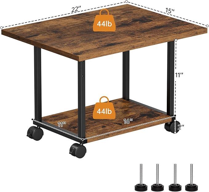 Asgolion Printer Table, 2-Tier Under Desk Printer Stand, Printer Stand with Wheels, Printer Shelf for Small Spaces, Printer Cart for Home Office Rustic Brown