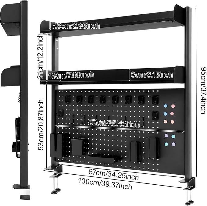 Clamp on Desk Pegboard, 39.4" W x 37.4" H Desk Extender Pegboard Bookshelf Computer Desk Accessories with Shelf for Tool Organizer Office, Privacy Panel for Gaming Desk, Black